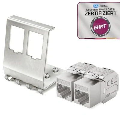 Image de hb digital Lot de 2 modules Keystone CAT 8 RJ45 femelle STP 40 Gbit/s Sans outil LSA Avec 1 x ports 35 mm DIN rail Métal Adaptateur Ethernet LAN Commutateur réseau