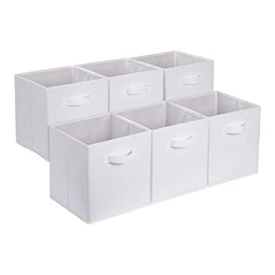 Image de Amazon Basics Cube de rangement pliable en tissu avec poignées, Lot 6, Blanc Uni, 33 x cm