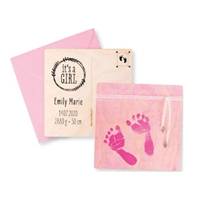 Image de Kit DIY Faire parts de naissance Rose Empreintes bébé Coffret complet 4 cartes en bois