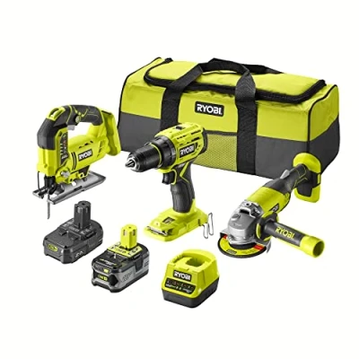 Image de RYOBI Pack 3 outils sans fil One+ : perceuse R18DD7 meuleuse R18AG scie sauteuse R18JS 2 batteries 2Ah et 4Ah 1 chargeur sac de transport