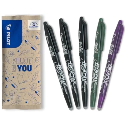 Image de Pilot Lot de 5 FriXion Ball 07 Stylo Effaçable à Encre Thermosensible Roller Rechargeable 3 Noirs, 1 Vert, Violet Pointe Moyenne