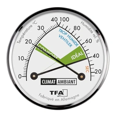 Image de TFA Dostmann Thermo Hygromètre analogique en français, 45.2024.FR, mesure de la température et l&#039;humidité dans maison, avec zones confort, argenté