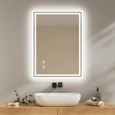 Image de EMKE Miroir Salle de Bain avec Éclairage 80x60 cm, Anti Buée, Interrupteur Tactile, Blanc Froid Dimmable, Fonction Mémoire, Arrêt Automatique après 3 Heures, LED