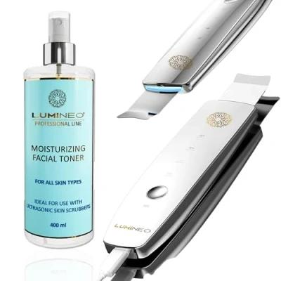 Image de Appareil de gommage à ultrasons Lumineo avec 4 fonctions : ultrasons, ions, EMS, LED, élimine les points noirs, l&#039;acné, nettoie pores, exfolie, Skin Scrubber 400ml toner (Moisturizing)