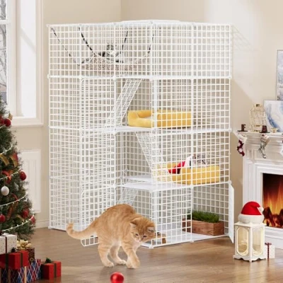 Image de YITAHOME Grande Cage pour Chat Extérieur/Interieur, Parc en Métal, Cabane à 4 Niveaux avec Portes, 3 Échelles, Grand Hamac, Cages 1 Chats, Blanc, 104 x 72 140 cm