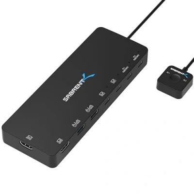 Image de SABRENT KVM Switch, 2 port USB C Inputs, outputs avec 60W PD, USB, HDMI 4K@60Hz pour moniteur, ordinateur portable, PC, imprimante, scanner, souris, clavier Indicateurs de périphériques LED