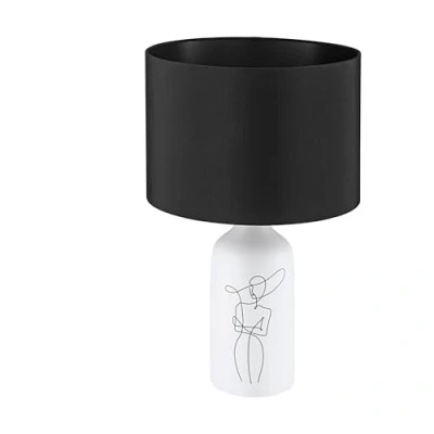 Image de Eglo lampe de chevet Vinoza, luminaire à poser avec abat jour textile, table en céramique blanc décor et tissu noir, éclairage pour salon chambre, douille E27