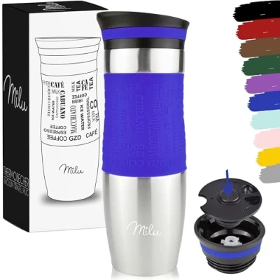 Image de Milu Mug Isotherme Etanche 370ml 450ml Thermos café thé I Tasse Isolée pour et à emporter, Double Paroi sous Vide, Acier Inoxydable de voyage Chaud &amp; froid (450ml, Bleu)