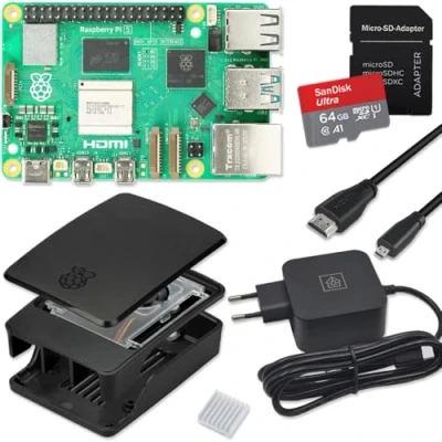 Image de Raspberry Pi 5 Kit de démarrage 8 Go noir Bloc d&#039;alimentation USB C 27 W Boîtier avec ventilateur Carte SD 64 Câble Micro HDMI 4K RAM