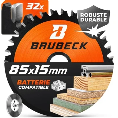 Image de BAUBECK Batterie Lame de scie 85x15 y compris bague réduction 10mm Coupe fine Multi Matériau 85mm pour le bois, l&#039;aluminium, etc. circulaire 85x10
