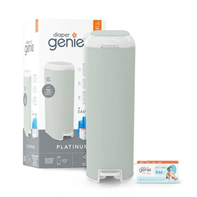 Image de Diaper Genie Platinium Seau à Couches Anti Odeurs Acier Inoxydable Grande Capacité 47 Recharge Durable Jusqu’à 5 Mois Ouverture Large &amp; Pédale Pratique Vert Sauge