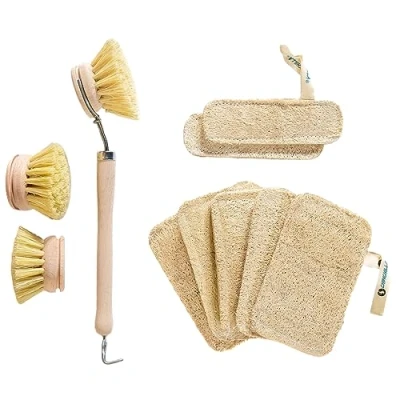 Image de Chinchilla® Set 7 éponges luffa + 1 Brosse à Vaisselle avec 3 têtes interchangeables durables de différentes Cuisine Poils en Fibres Naturelles réutilisable &amp; Durable