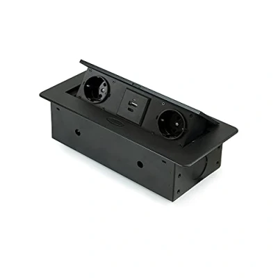 Image de Emuca Bloc multiprise de Bureau, 2 Prises EU + 1 USB Type A C, 265x120mm, Acier et Aluminium, Peint en Noir