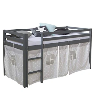 Image de Homestyle4u 1875, Cot 90x200 Grey, Lit Mezzanine avec Rideau en étoile, Bois