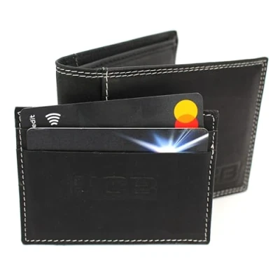 Image de JCB Portefeuille à deux volets en cuir véritable avec blocage RFID et poche pour pièces de monnaie Boîte cadeau, Noir , 12 x 9cm, Décontracté