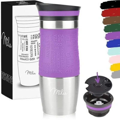 Image de Milu Mug Isotherme Etanche 370ml, 450ml I Thermos café thé Tasse Isolée pour et à emporter, Double Paroi sous Vide, Acier Inoxydable de voyage Chaud &amp; froid (370ml, Pourpre)