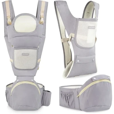 Image de Moby System AMY 10 en 1 porte bébé ergonomique, pour les enfants de 0 à 36 mois, trois points d&#039;appui : épaules, taille, hanches, coton jusqu&#039;à 15 kg, gris