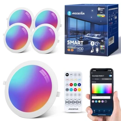 Image de Aigostar Spot LED encastrable pour plaques de plâtre 15 W, Smart intérieur Bluetooth Mesh compatibles avec Alexa, Intensité variable RVB et blanc chaud à 2700 K 6500 K, F150 160 mm, 4 unités