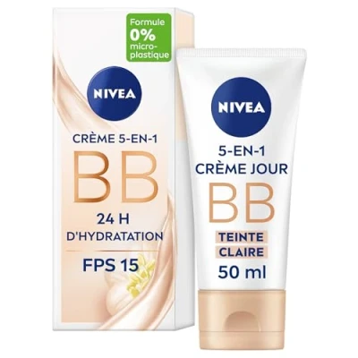 Image de NIVEA BB Crème FPS 15 Teinte Claire (1 x 50 ml), hydratante visage à l&#039;huile de Jojoba BIO, Soin jour pour unifier le teint et estomper les imperfections, hydratation 24h