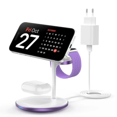 Image de Mag Safe Station de Charge inductive 3 en 1 pour Plusieurs appareils, 15 W iPhone 14, iWatch Ultra 2/1/Series 9, AirPods, Violet