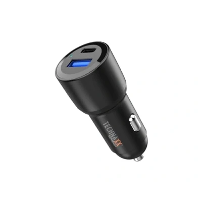 Image de Dual Car Charger Technaxx 60W Adaptateur de Chargeur Allume Cigare 2 Ports 60 W TX 306 avec Sortie USB Type C et A, PD 30 QC3.0, Charge Dynamique PPS, entrée 12 24 V