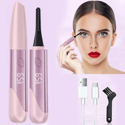 Image de recourbe cils chauffant, rechargeable par USB, chauffage rapide en 15 secondes, contrôle de la température à 4 vitesses, affichage LED, mini pour femmes et filles (rose)