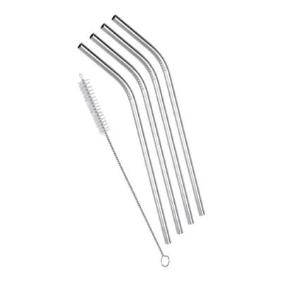 Image de Excellent Houseware Lot de 4 pailles courbées en acier inoxydable avec brosse nettoyage
