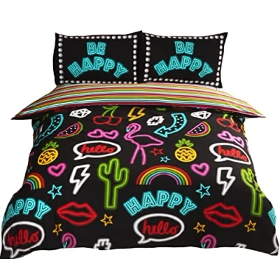Image de Rapport Parure de lit Funky réversible à Rayures en Polycoton Noir Néon 1 Place