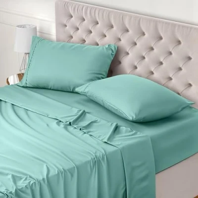 Image de Utopia Bedding Parure de Lit 180x200, Draps 2 Personnes, Ensemble 4 Pièces, Polyester Microfibre, 1 Drap Housse Plat 270x290 et Taies d&#039;oreillers 50x75, Bleu Spa