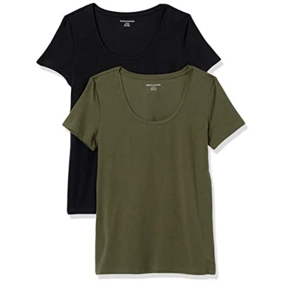 Image de Amazon Essentials T Shirt à Encolure Dégagée Coupe Classique Manches Courtes (Grandes Tailles Disponibles) Femme, Lot de 2, Vert Olive Foncé/Noir, XS