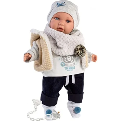 Image de Llorens Poupée Enzo aux Yeux Bleus bébé avec Corps Souple Tenue Tendance et tétine 42 cm