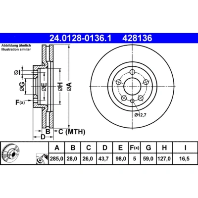 Image de ATE 24.0128 0136.1 Disque de frein 285,0 28,0 5 98,0 ventilé revêtu PEUGEOT: 807, Expert I Van, I, CITROËN: C8, Jumpy MPV