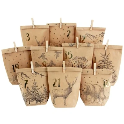 Image de Calendrier de l&#039;Avent Extravagant à remplir avec 24 Sacs Cadeaux Bruns et Autocollants Pinces numéros Motif Noël Blanc pour bricoler Offrir Avent