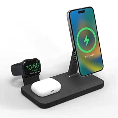 Image de ZAGG mophie Snap+ Chargeur sans Fil 3 en 1 avec Adaptateur Royaume Uni/Irlande, appareils compatibles Qi, Charge Rapide, jusqu&#039;à 15 W, Noir