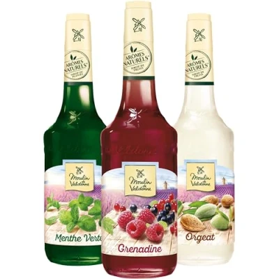 Image de Moulin de Valdonne Assortiment sirop Grenadine, Menthe et d&#039;Orgeat pour boissons rafraîchissantes, cocktail avec ou sans alcool, 3 bouteilles 70 cl