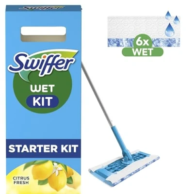 Image de Swiffer Balai Lingette Imprégnées, Kit De Démarrage, Pour Le Parquet Avec Action Brossage Inclut : 1 Balai, 6 Lingettes Imprégnées