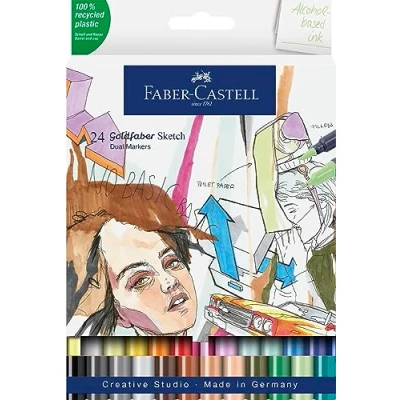Image de Faber Castell 164724 Goldfaber Sketch Marker, étui de 24 pièces Marqueur à alcool avec pointe Brush et Fineliner