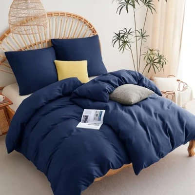 Image de WAVVE Parure de lit, 4 pièces, en Microfibre Douce, avec Fermeture éclair, Bleu Marine, Housse Couette 135 x 200 cm et taies d&#039;oreiller 80 cm, Marine