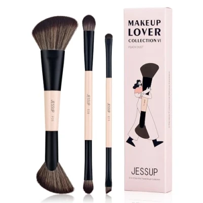 Image de Jessup Set Pinceaux Maquillages Voyage, Lot 6 en 3 Maquillage Double Embout Contour et Pinceau à Paupières Extrémité,Pinceau Eye liner, Kit Multifonctions,Peach Dust T507