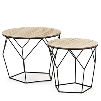 Image de VS Venta stock Set de 2 Tables Basses Tokio avec Plateau en placage Bois Naturel et Structure métal Noir.