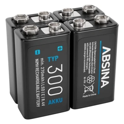 Image de ABSINA 4X Pile 9V Rechargeable 300 à Faible Auto Décharge Piles NiMH avec 8,4V &amp; au Minimum 270mAh Batterie Rechargeable, 6LR61 9V, 6LR20 Pile, rectangulaire 6F22