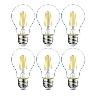 Image de Amazon Basics Lot de 6 ampoules LED Culot Edison à vis E27 4.3 W (équivalent 40 W) Filament transparent Intensité non variable, blanc chaud