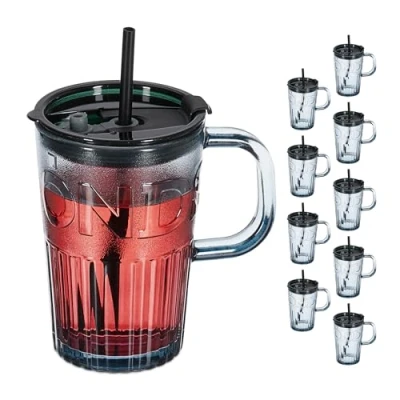 Image de Relaxdays Jarre avec Paille, Couvercle et Anse, lot Pratique de 10, Volume : 450 ML, pour Votre Smoothie, Grise