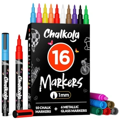 Image de Chalkola Marqueurs Craie Extra Fins pour Tableau Noir &amp; Verre (Lot de 16, Pointe 1mm) Fenêtre, Feutres Liquide Effaçable, Miroir, Voiture Effaçable