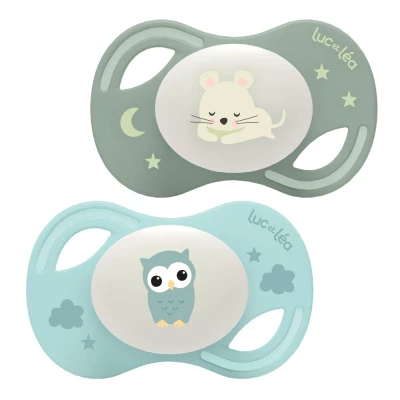 Image de Luc et Léa Collection 2 Sucettes Nuit Anatomiques Tetine Extra Slim 6 18 Mois Souris Hibou