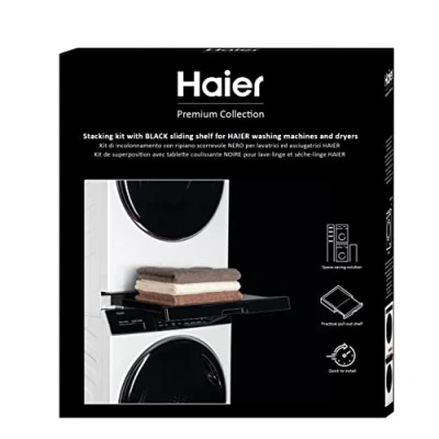 Image de Haier Kit de Superposition Universel Premium pour Lave Linge et Sèche Linge, Optimise l&#039;Espace, avec Tablette Coulissante Noire, idéal les des Séries 3, 5 7