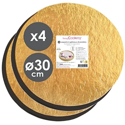 Image de ScrapCooking Kit de 4 Supports à Gâteaux Ronds Ø 30 cm Carton Réversible Doré &amp; Noir Grand Plateau Gâteau XXL Disque Dessous Pâtisserie Socle Cake Board Fabriqués en France 5215