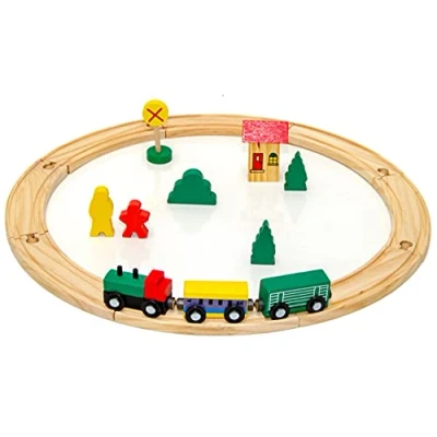 Image de messefix 20 Pièces Jeu Train en Bois Enfant 1m Rail de Petit Jouet pour Enfants 3 Ans et Plus Noel avec Circuit Rrain Beaucoup d&#039;Accessoires Jeux