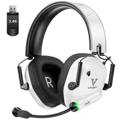 Image de Vakedy casque de jeu sans fil pour PC, PS4, PS5, Mac, Switch, USB 2,4 GHz avec microphone, Bluetooth, pilotes 50 mm, batterie heures, faible latence, blanc