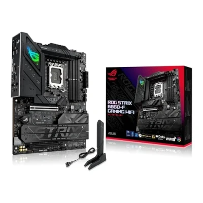 Image de ASUS ROG Strix B860 F Gaming WiFi, Carte mère ATX, prête pour PC avec IA avancée, 16 + 1 2 Niveaux de Puissance, Fentes DDR5, PCIe 5.0, Quatre emplacements M.2, WiFi 7, éclairage Aura Sync RGB